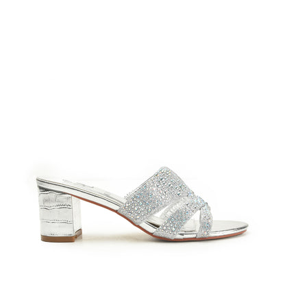 Sparkling Silver Beaded Block Heels | 502L-S