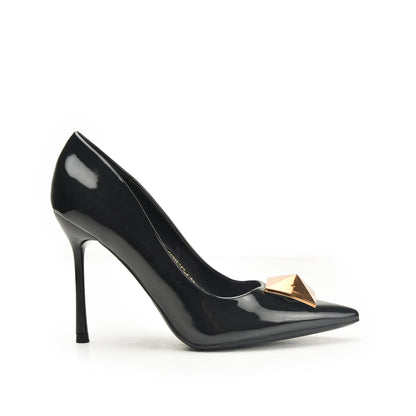 Classic Black Stiletto Heels with Gold Pyramid Accent | 439N-C