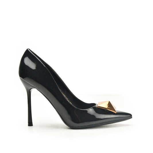 Classic Black Stiletto Heels with Gold Pyramid Accent | 439N-C