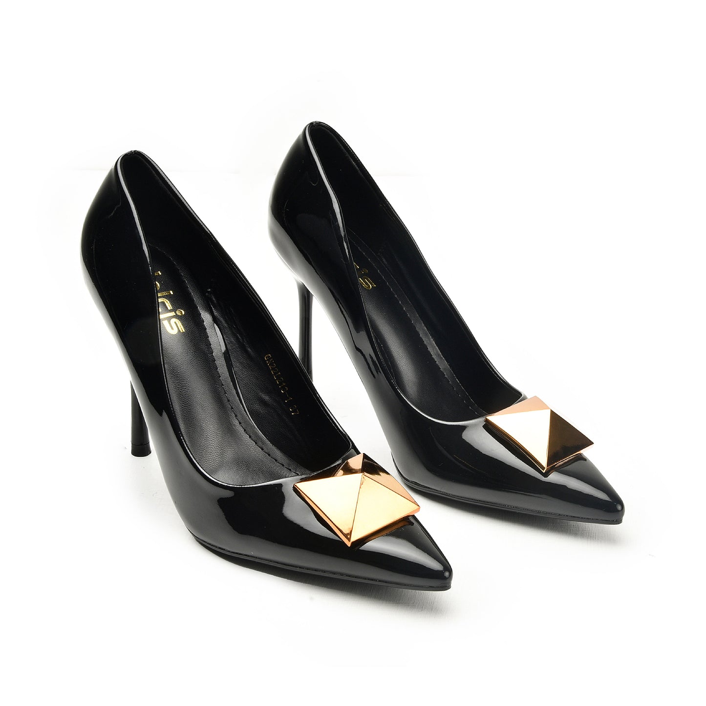 Classic Black Stiletto Heels with Gold Pyramid Accent | 439N-C