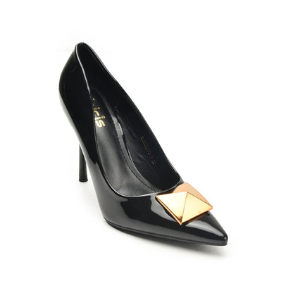 Classic Black Stiletto Heels with Gold Pyramid Accent | 439N-C