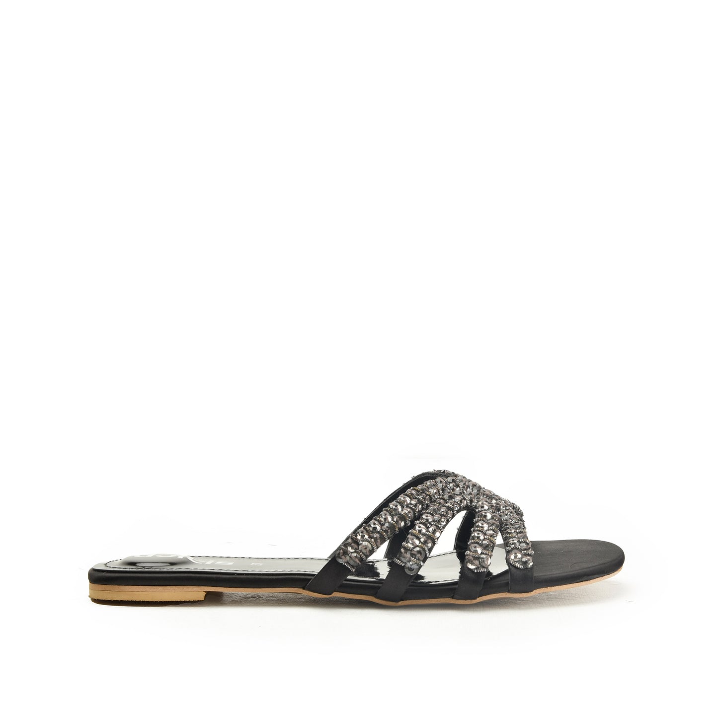 Chic Black Embellished Flats Slippers | 585J-C
