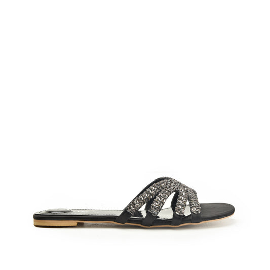 Chic Black Embellished Flats Slippers | 585J-C