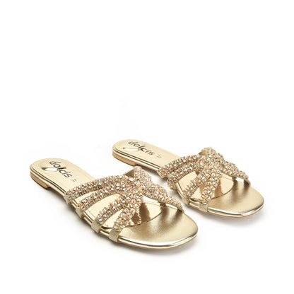 Chic Gold Embellished Flats Slippers | 585J-X