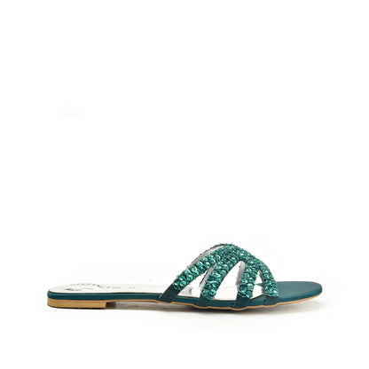 Chic Green Embellished Flats Slippers | 585J-K