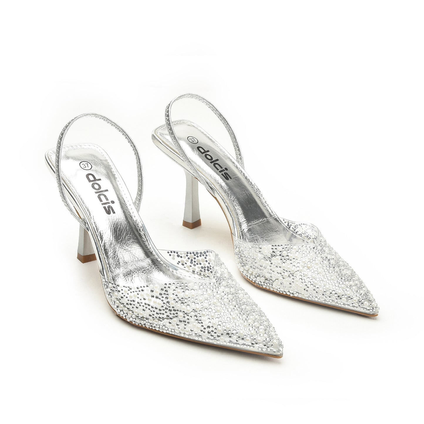 Silver Crystal-Embellished Slingback Stilettos | 445N-S