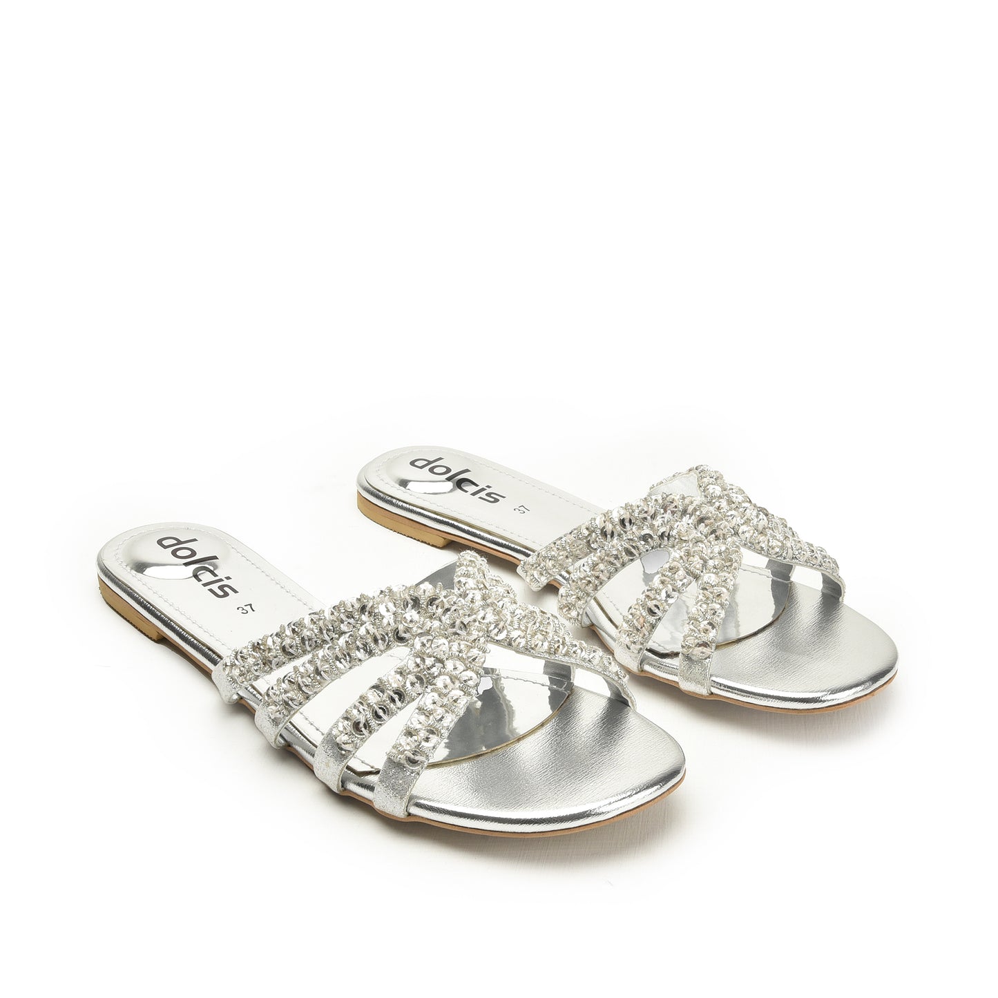 Chic Silver Embellished Flats Slippers | 585J-S