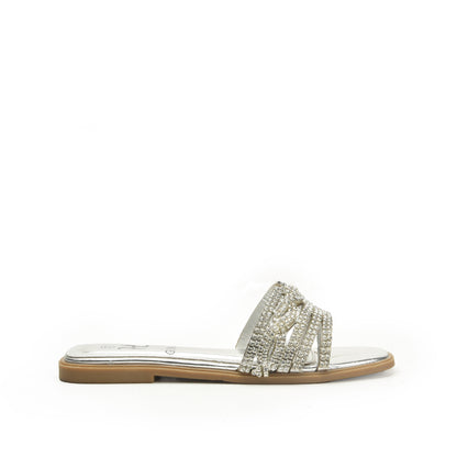 Elegant Silver Beaded Flats Slippers | 501L-S