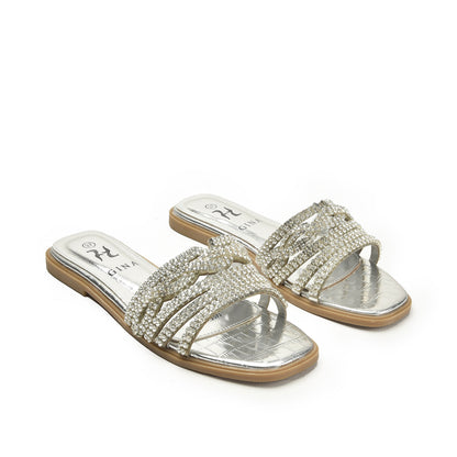 Elegant Silver Beaded Flats Slippers | 501L-S