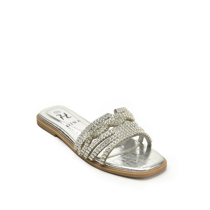 Elegant Silver Beaded Flats Slippers | 501L-S