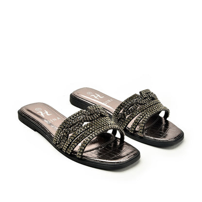 Chic Black Beaded Flats Slippers | 501L-G