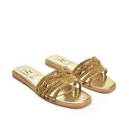 Glamorous Gold Beaded Flats Slippers | 501L-X