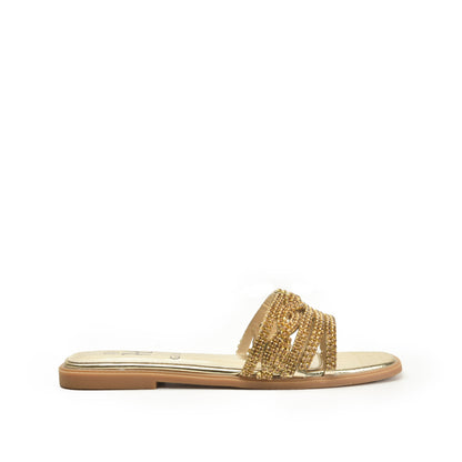 Glamorous Gold Beaded Flats Slippers | 501L-X