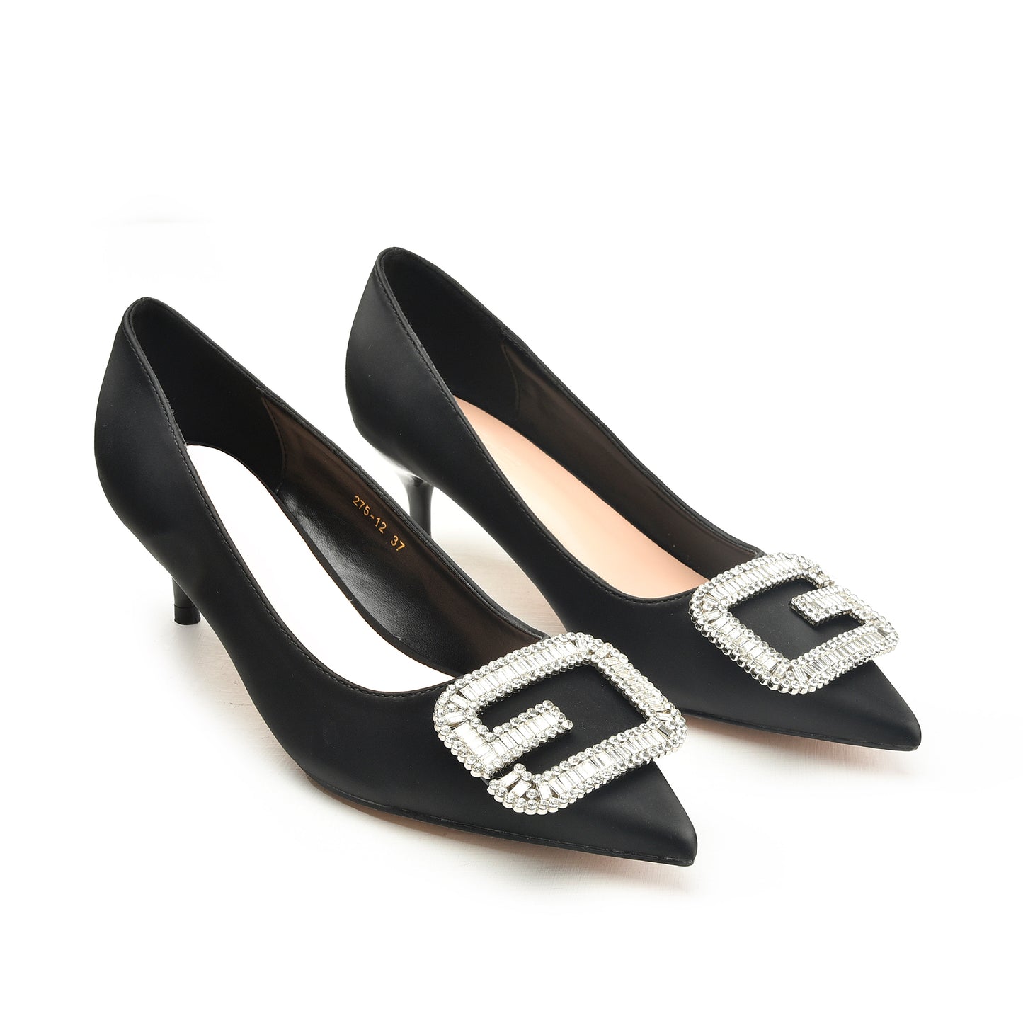 Black Leather Rhinestone Buckle Heels | 451N-C