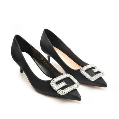Black Leather Rhinestone Buckle Heels | 451N-C