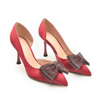 Red Satin Rhinestone Bow Heels | 452N-M