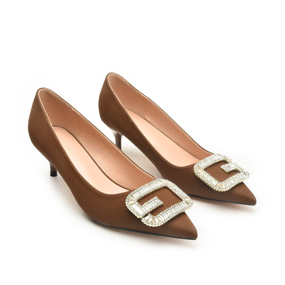 Brown Leather Rhinestone Buckle Heels | 451N-B
