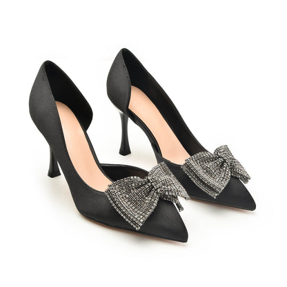 Black Satin Rhinestone Bow Heels | 452N-C