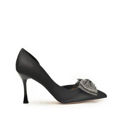 Black Satin Rhinestone Bow Heels | 452N-C