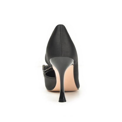 Black Satin Rhinestone Bow Heels | 452N-C