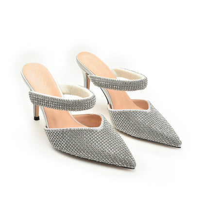 Silver Rhinestone Mesh Mules | 454N-S