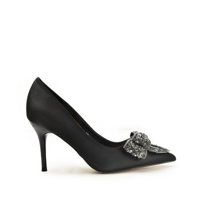 Black Satin Rhinestone Bow Heels | 453N-C