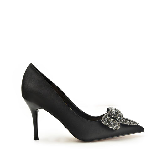 Black Satin Rhinestone Bow Heels | 453N-C