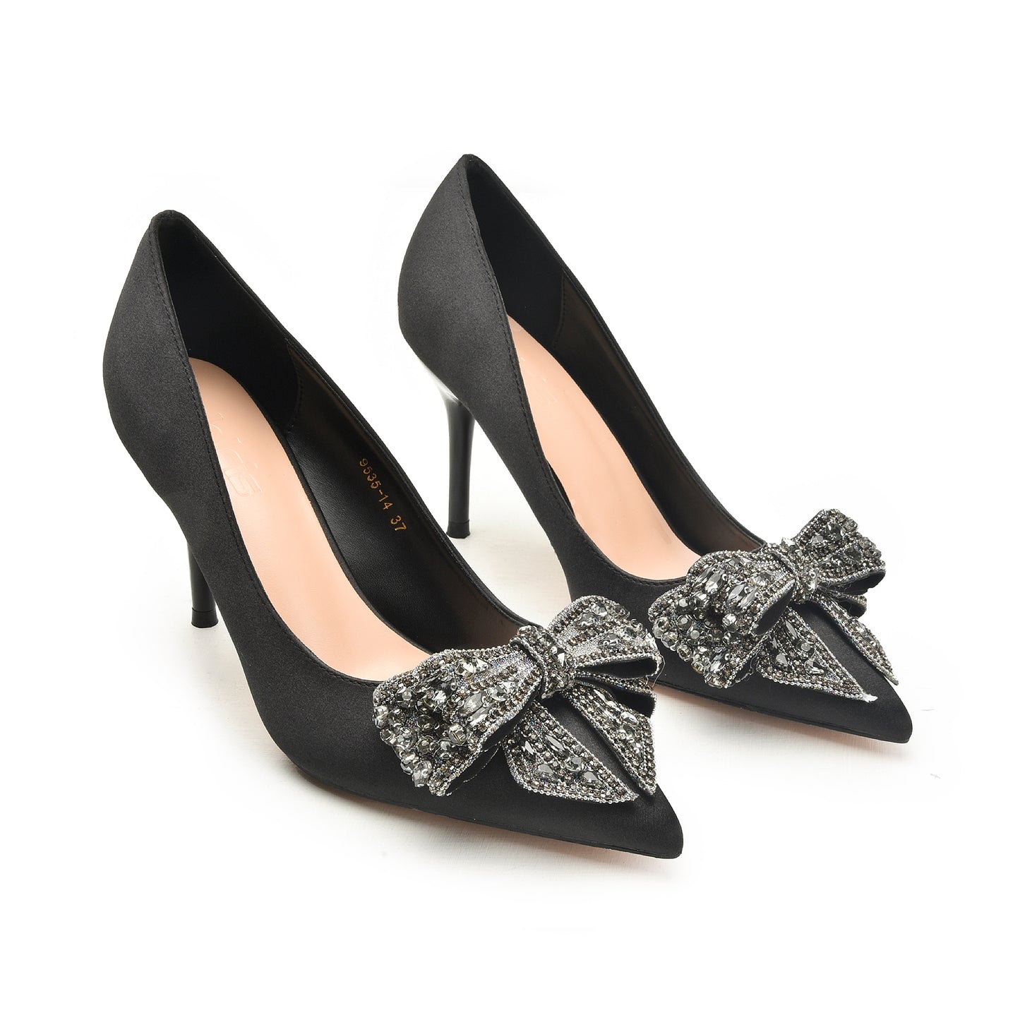 Black Satin Rhinestone Bow Heels | 453N-C