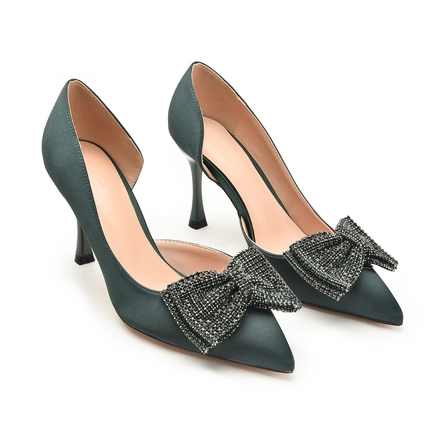 Green Satin Rhinestone Bow Heels | 452N-K