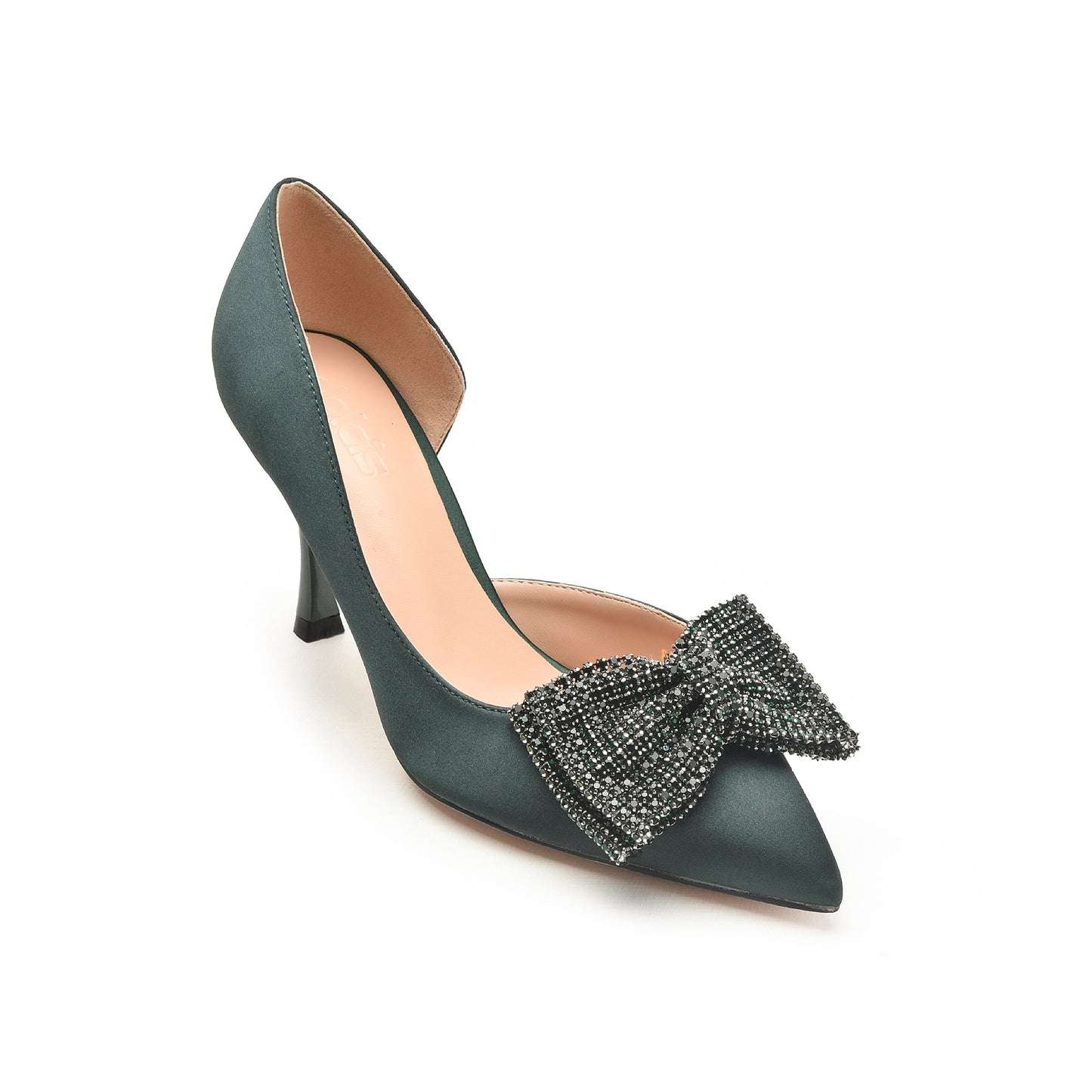Green Satin Rhinestone Bow Heels | 452N-K