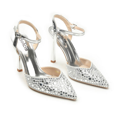 Sparkling Silver Embellished Heels with Ankle Strap | 442N-S
