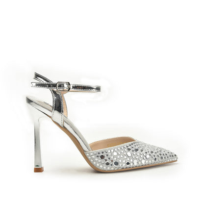 Sparkling Silver Embellished Heels with Ankle Strap | 442N-S