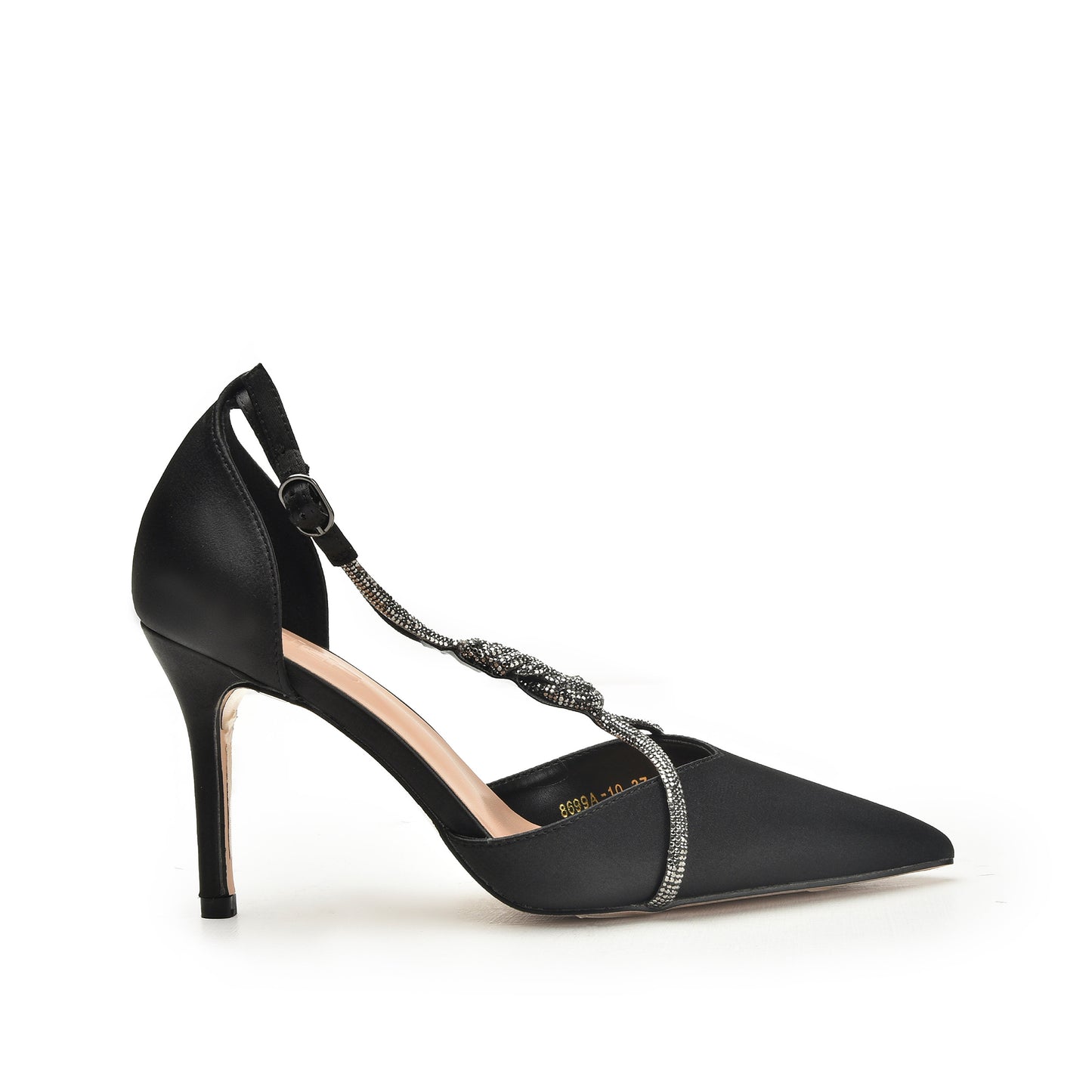 Black Satin Rhinestone Strap Heels | 450N-C