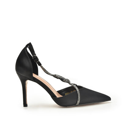 Black Satin Rhinestone Strap Heels | 450N-C