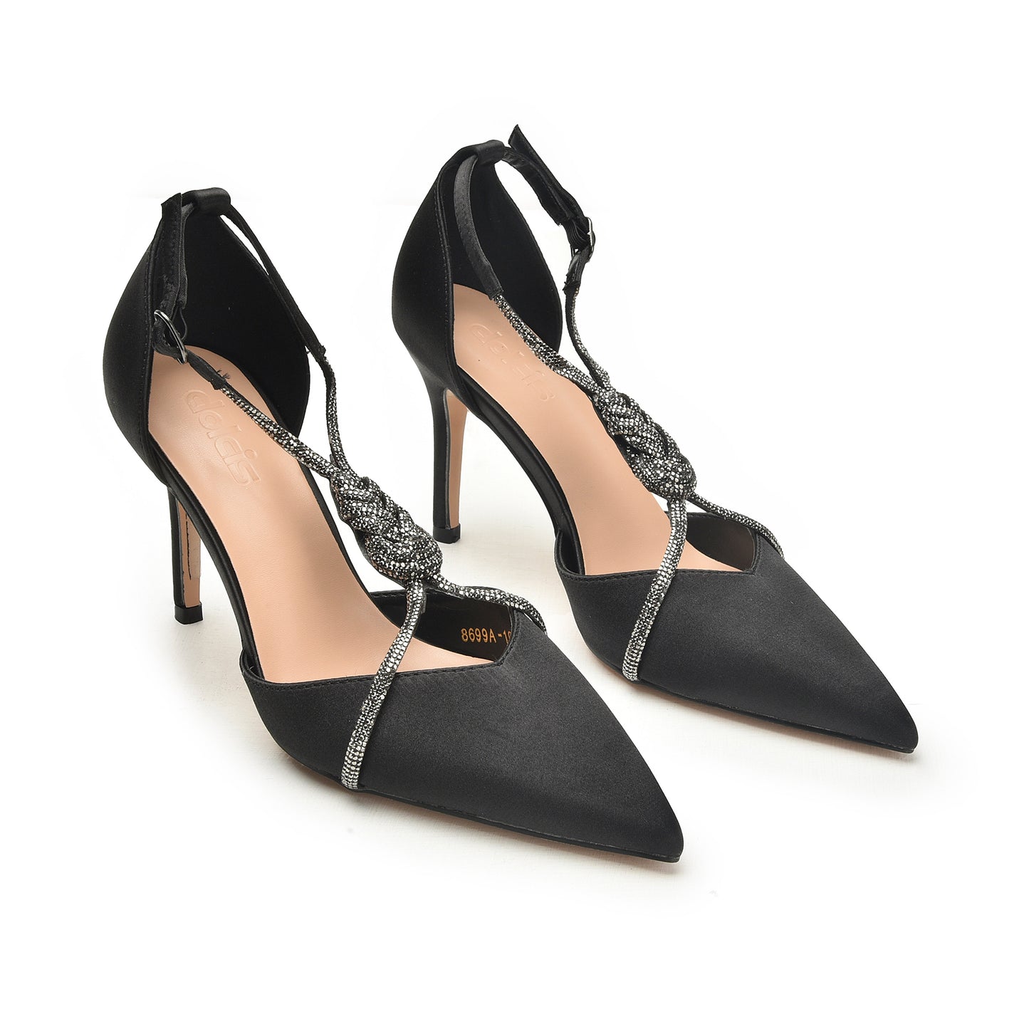 Black Satin Rhinestone Strap Heels | 450N-C
