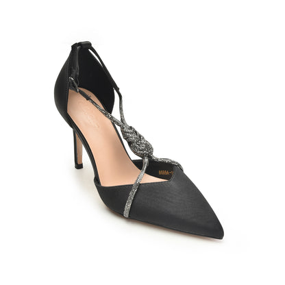 Black Satin Rhinestone Strap Heels | 450N-C
