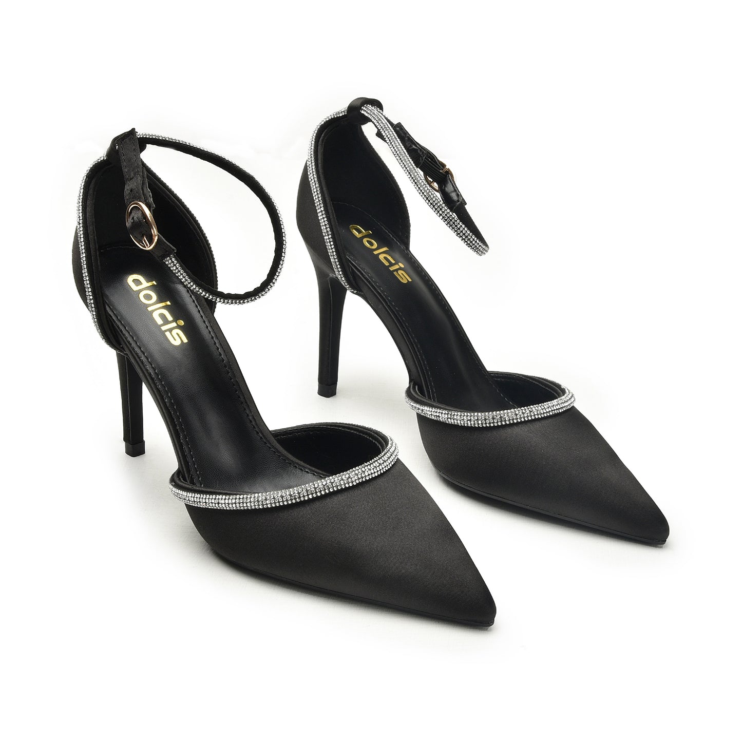 Elegant Black Ankle Strap Heels with Rhinestone Trim | 440N