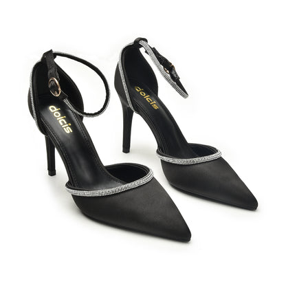 Elegant Black Ankle Strap Heels with Rhinestone Trim | 440N