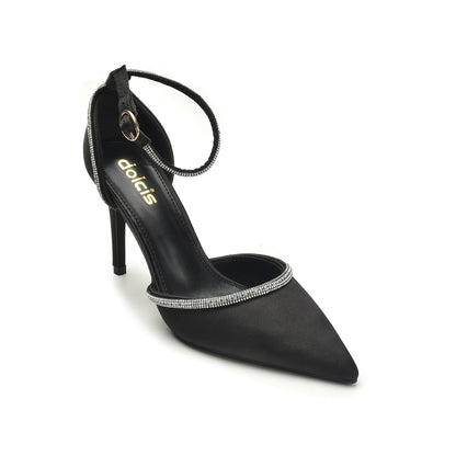 Elegant Black Ankle Strap Heels with Rhinestone Trim | 440N