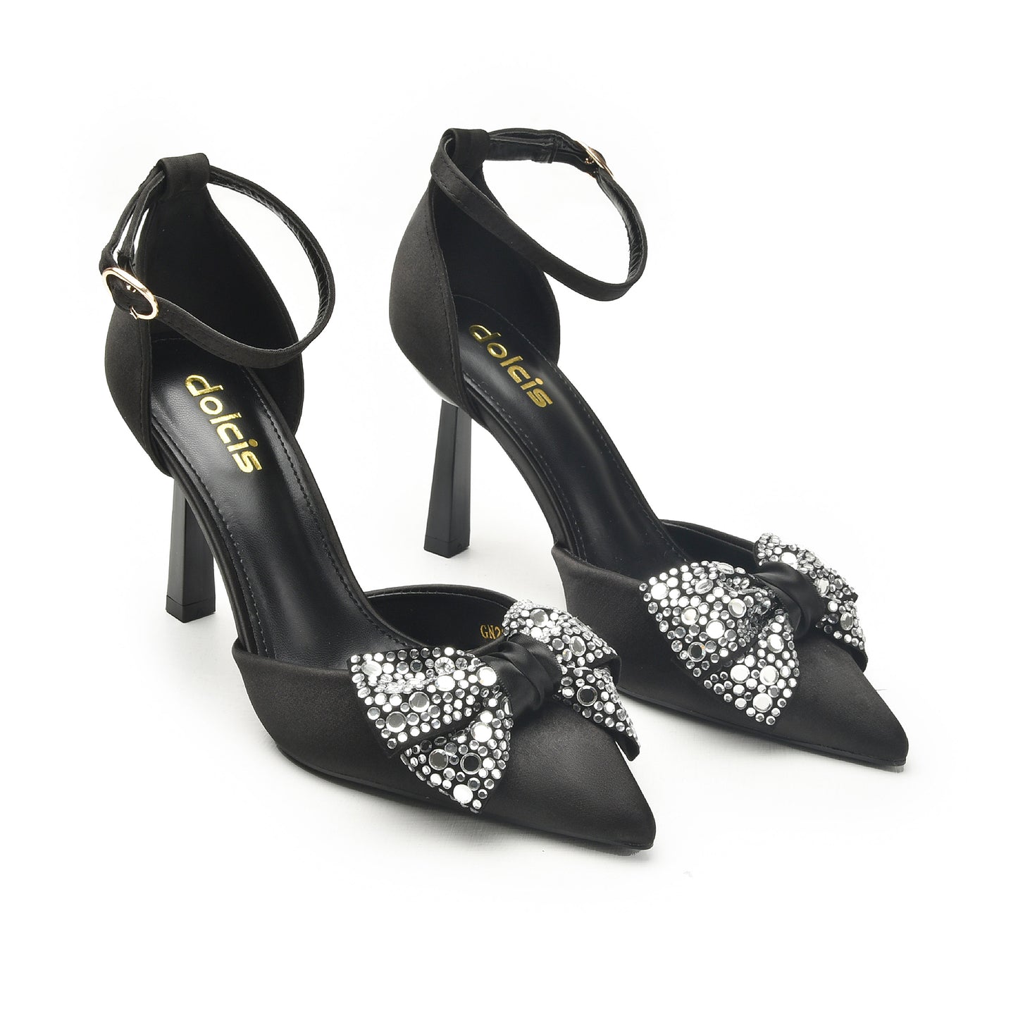 Chic Black Satin Heels with Rhinestone Bow | 441N-C
