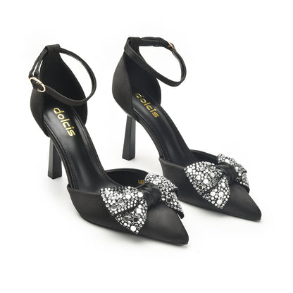 Chic Black Satin Heels with Rhinestone Bow | 441N-C