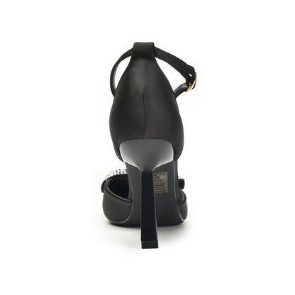 Chic Black Satin Heels with Rhinestone Bow | 441N-C