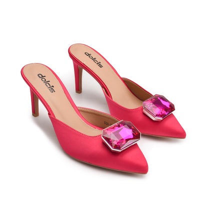 Bold Pink Embellished Kitten Heel Mules | 427N-P