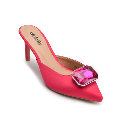 Bold Pink Embellished Kitten Heel Mules | 427N-P