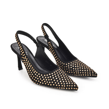 Stylish Black and Gold Studded Slingback Heels | 421N-X