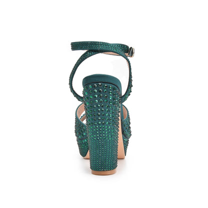 Glamorous Teal Block Heel Sandals with Rhinestones | 262G-K