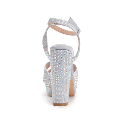 Glamorous Silver Block Heel Sandals with Rhinestones | 262G-S