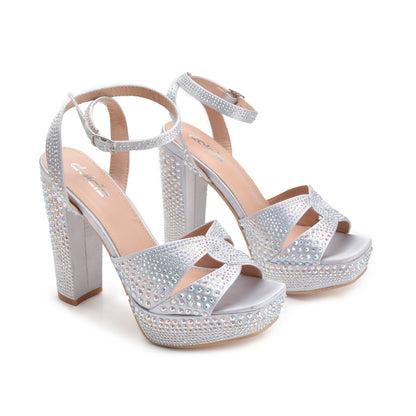 Glamorous Silver Block Heel Sandals with Rhinestones | 262G-S