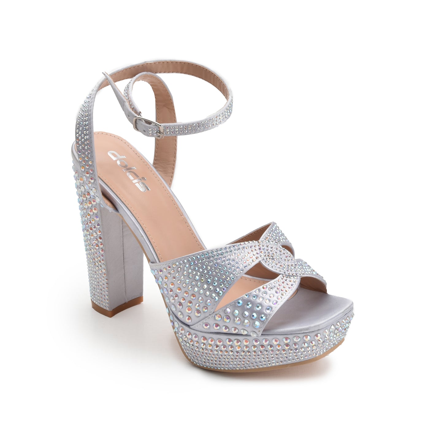 Glamorous Silver Block Heel Sandals with Rhinestones | 262G-S