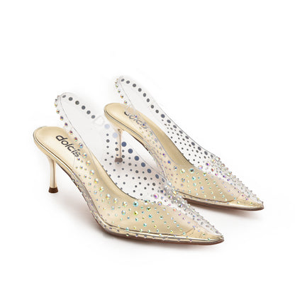 Glamorous Gold Transparent Slingback Kitten Heel Pumps | 430N-X